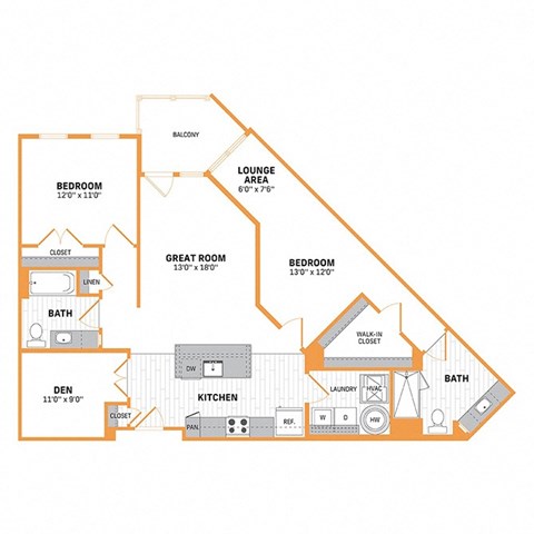 Floor plan for 2 beds, 2 baths, 1244 sqft